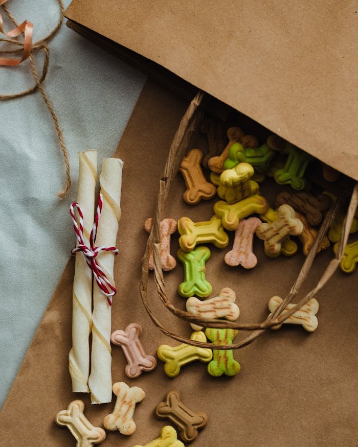 Aesthetic still life of colorful dog bone treats and rawhide chews spilling from a kraft paper bag, arrayed on a soft fabric.